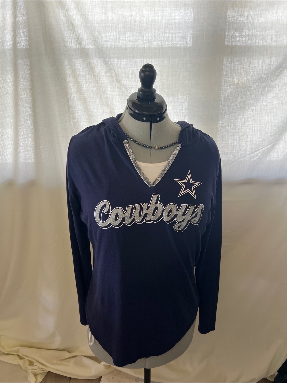 Dallas Cowboys Navy Hooded V‑Neck Long Sleeve Top